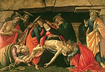 山德羅·波提且利的《哀悼基督（英語：Lamentation over the Dead Christ (Botticelli, Munich)）》，140 × 207cm，約作於1495-1500年，1841年路德維希一世由烏菲茲美術館購得的收藏[20]