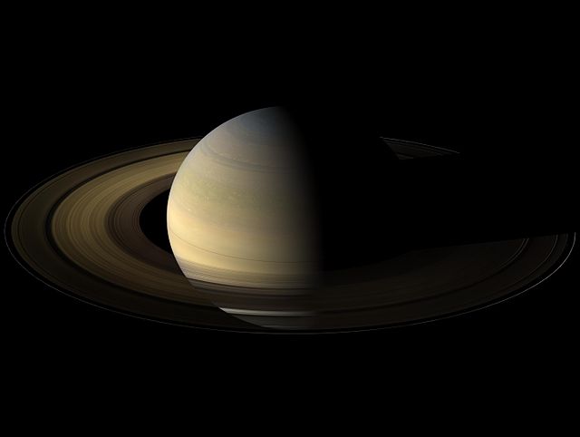 Saturn at equinox, photographed by Cassini in August 2009