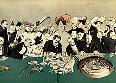 Caricature en couleur où de nombreux personnages se pressent à une table de jeu avec roulette et monceaux d'argent