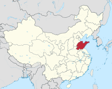 Landakort sem sýnir legu Shandong héraðs í Austur- Kína.