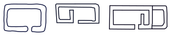 Plans of three different shielings, of increasing complexity. Shielings were mostly rectangular although often with rounded corners. Some had a single room, others two or three. There were few or no windows in the walls of turf or stone. Sheiling plans.svg