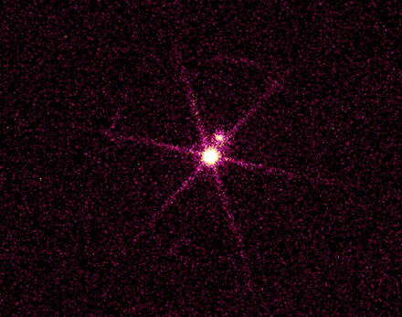 A Chandra X-ray Observatory image of the Sirius star system, where the spike-like pattern is due to the support structure for the transmission grating