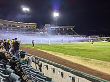 Smoke from a smoke bomb lingers in the San Antonio penalty area following the start of the October 20th, 2021 regular season match at Isotopes Park Smoke from a smoke bomb lingers in the San Antonio penalty area following the start of the October 20th, 2021 regular season match versus New Mexico United at Isotopes Park.jpg