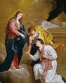 St Valentine Kneeling in Supplication (David Teniers III, 1600s) - Valentine kneels to receive a rosary from the Virgin Mary St-Valentine-Kneeling-In-Supplication.jpg