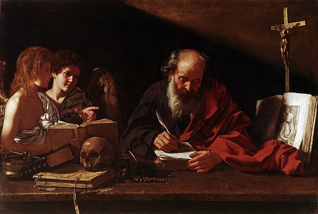 Saint Jerome, who lived as a hermit near Bethlehem, depicted in his study being visited by two angels (Cavarozzi, early-17th century)