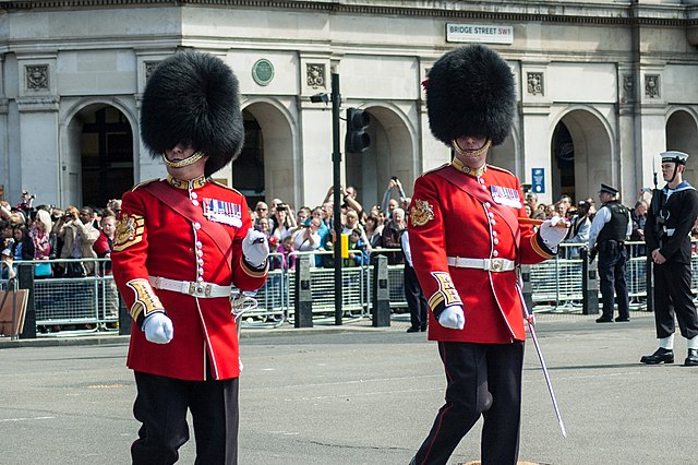 Warrant officers of the Welsh Guards and Coldstream Guards during the 2015 State Opening of Parliament.