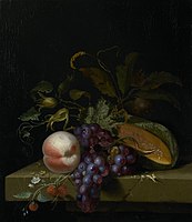 Still Life with Fruit label QS:Len,"Still Life with Fruit" label QS:Lnl,"Stilleven met vruchten" . 1673. oil on canvas medium QS:P186,Q296955;P186,Q12321255,P518,Q861259 . 39.5 × 34.2 cm (15.5 × 13.4 in). Amsterdam, Rijksmuseum Amsterdam.