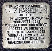 Stolperstein für Fritz Hasselhuhn vor der Kiefholzstraße 177, Berlin-Baumschulenweg