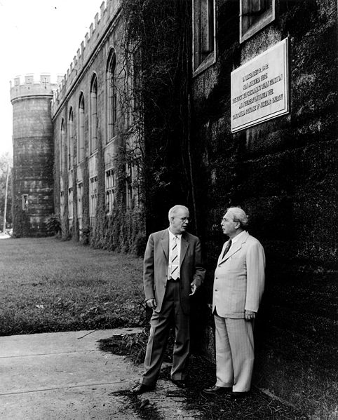 Szilard and Norman Hilberry at the site of CP-1, at the University of Chicago, some years after the war. It was demolished in 1957.