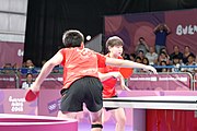 Deutsch: Tischtennis bei den Olympischen Jugendspielen 2018; Tag 9, 15. Oktober 2018; Mixed, Finale, Mixed-Doppel – Miu Hirano & Tomokazu Harimoto (JPN) gegen Sun Yingsha & Wang Chuqin (CHN) 1:3 English: Table tennis at the 2018 Summer Youth Olympics at 15 October 2018 – Mixed Final, Mixed-Double – Miu Hirano & Tomokazu Harimoto (JPN) Vs Sun Yingsha & Wang Chuqin (CHN) 1:3