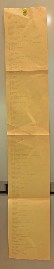 Paper output from a Teletype Model 33 ASR in the mid 1970s Teletype output.JPG