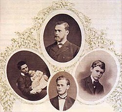 Immanuel Nobel nuoremman neljä lasta ylhäältä myötäpäivään: Robert, Alfred, Ludvig ja Emil (vauva)
