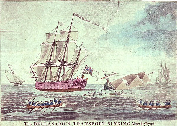 Royal Sovereign was involved with a tragic collision with the transport Bellisarius which promptly sank on 17 March 1796