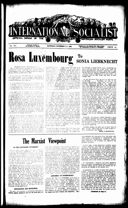 Image from the front page of 27 November 1920 issue with a letter written by Rosa Luxemburg. The International Socialist 27 November 1920.PNG