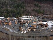 Distant film set of of in-construction building exteriors