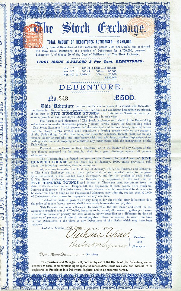 Debenture of The Stock Exchange, issued 1 January 1899.