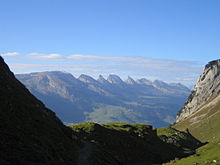 The Churfirsten (view from Alpstein with Toggenburg below) Toggenburg view.jpg