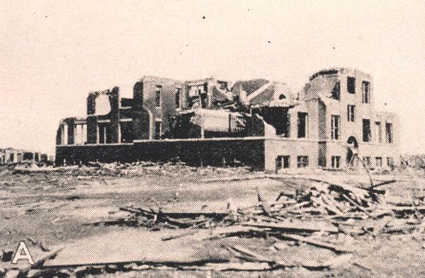 Ruins of the Longfellow School, Murphysboro, Illinois, where 17 children were killed. The storm hit the school at about 2:30 PM local time.