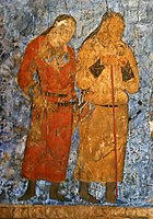 Western Turk officers escorting dignitaries visiting king Varkhuman in Samarkand. One of them is labeled as coming from Argi (Karashahr in modern Xinjiang). Afrasiab mural, probably painted circa 655 CE.[10][11]