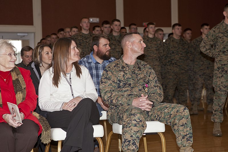 File:U.S. Marine Corps Master Gunnery Sgt. Donald L. Frye, outgoing maintenance management chief, 2nd Tank Battalion, 2nd Marine Division, sits with his family during his retirement ceremony at the Marston Pavilion 140213-M-HZ136-042.jpg