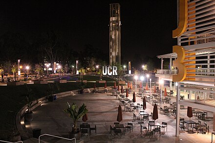 The UCR Bell Tower area viewed at night