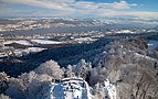    View of Zurich, Lake Zurich, and the alps of canton Glarus from the top of the communications tower at Uetliberg, Zurich, Switzerland.