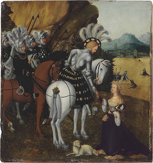 Maximilian idealized as Saint George, by Lucas Cranach the Elder (c. 1472 – 16 October 1553). c. 1515.[741]