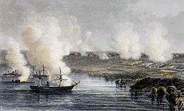 Union ships launching missiles onto the battlefield at Malvern Hill Union barrage at Malvern Hill - July 1, 1862.jpg