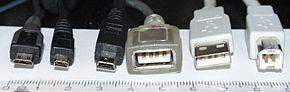 Various legacy USB and related connectors (left to right): USB Micro-B plug, proprietary UC-E6 plug, USB Mini-B plug, Standard-A-like receptacle (non-compliant), Standard-A plug, Standard-B plug. Shown with a centimeter ruler. Usb connectors.JPG