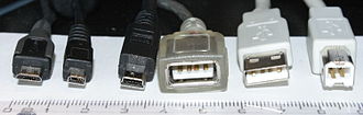 Various legacy USB connectors along a centimeter ruler for scale. From left to right:
Micro-B plug
Proprietary UC-E6 connector used on many older Japanese cameras for both USB and analog AV output
Mini-B plug
Standard-A receptacle (non-compliant because USB does not allow extension cables )
Standard-A plug
Standard-B plug Usb connectors.JPG