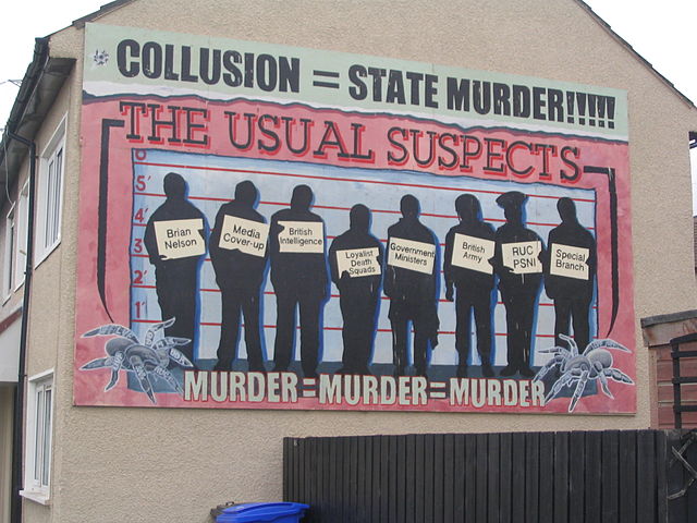 A mural on the Springfield Road accusing the British authorities of involvement in loyalist activity