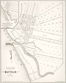 Sepia map of an old waterfront village plan.