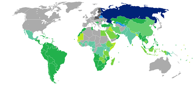 Countries and territories with visa-free or visa-on-arrival entries for holders of regular Russian passports
.mw-parser-output .legend{page-break-inside:avoid;break-inside:avoid-column}.mw-parser-output .legend-color{display:inline-block;min-width:1.25em;height:1.25em;line-height:1.25;margin:1px 0;text-align:center;border:1px solid black;background-color:transparent;color:black}.mw-parser-output .legend-text{}
Russia
Visa free with Internal passport
Visa not required
Visa on arrival
Electronic authorization or online payment required
Visa available both on arrival or online
Visa required prior to arrival Visa requirements for Russian citizens.png