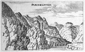 Puchenstein Castle Vischer - Topographia Ducatus Stiria - 028 Buchenau bei Windischgraz - Pukstajn.jpg