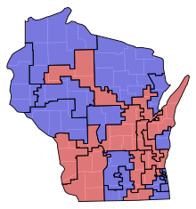 Senate partisan representation
Democratic: 20 seats
Republican: 13 seats WI Senate Partisan Map 1989.svg