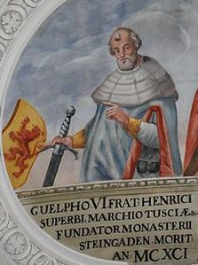 "Guelpho VI, frat. Henrici Superbi, marchio Tusciae, fundator monasterii Steingaden, morit an. M C XC I", δηλ. O Γουέλφος ΣΤ΄ (αδελφός του Ερρίκου Ι΄ του Υπερήφανου) μαρκίων του Τοσκάνης, ιδρυτής του μοναστηριού Στάινγκαρντεν, απεβ. έτος 1191.