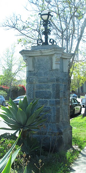 West Adams Heights stone pillar located at Washington Boulevard and Harvard Boulevard