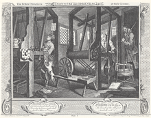 Exactly equal footing at their first meeting. Tom is on the left, Francis on the right and the master weaver on the extreme right William Hogarth - Industry and Idleness, Plate 1; The Fellow 'Prentices at their Looms.png