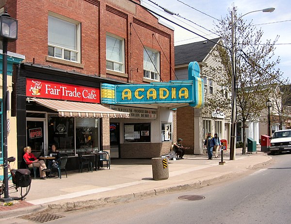 Wolfville streetscape, spring 2006. The view shows the Al Whittle (Acadia) Theatre, a house of movies and live performances now operated by a non-prof