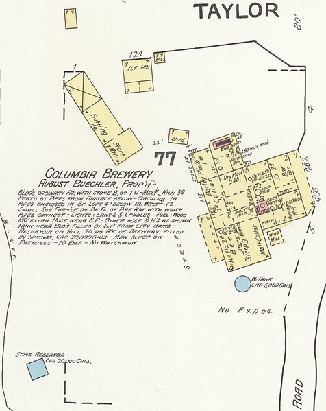 File:"COLUMBIA BREWERY" "AUGUST BUECHLER" (proprietor) January 1892 map detail, Sanborn Fire Insurance Map from The Dalles, Wasco County, Oregon. LOC sanborn07348 004-5 (cropped).jpg