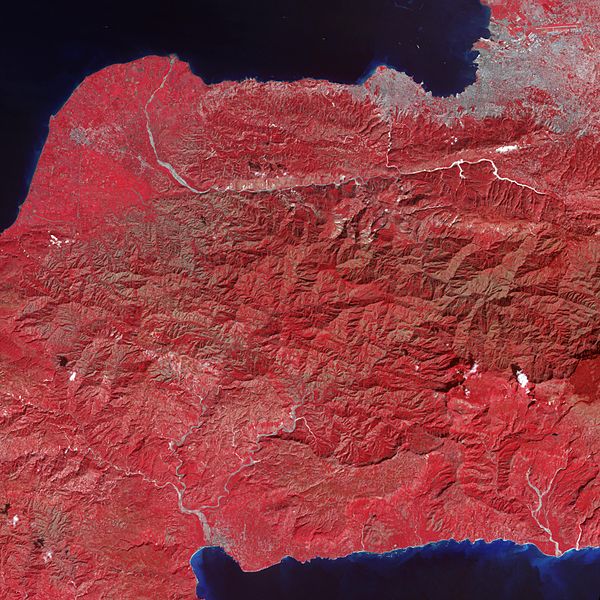 Tiny dots of white against the plant-covered landscape (red in this image) are possible landslides, a common occurrence in mountainous terrain after l