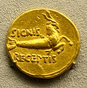 Capra de mare, ființă fabuloasă din zodiacul european (monedă din vremea împăratului Augustus)