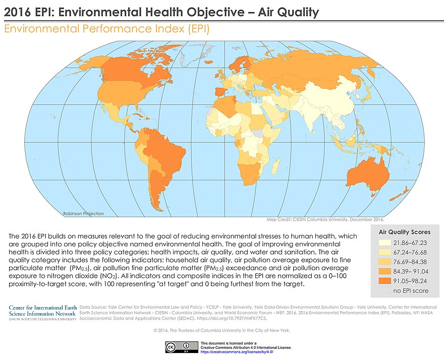 2016 Environmental Performance Index – darker colors indicate lower concentrations of fine particulate matter and nitrogen dioxide, as well as better indoor air quality.
