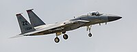 A US Air Force F-15C Eagle, tail number 81-0034, on final approach at Kadena Air Base in Okinawa, Japan. It is assigned to the 67th Fighter Squadron at Kadena AB.