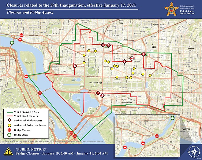 Security-related site restrictions in and around the National Mall, Southwest D.C., Capitol Hill, and downtown Washington, D.C. on Inauguration Day