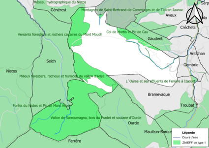 Carte des ZNIEFF de type 1 sur la commune.