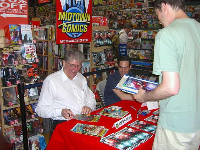 Shooter and Dennis Calero at a signing for Dark Horse's Doctor Solar, Man of the Atom at Midtown Comics Times Square, July 17, 2010