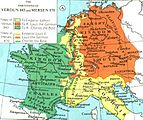 The division of the Carolingian Empire by the Treaty of Verdun in 843