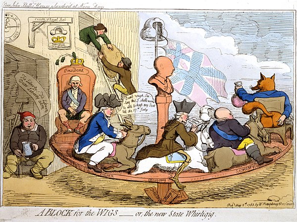 In A Block for the Wigs (1783), caricaturist James Gillray caricatured Charles James Fox's return to power in a coalition with Frederick North, Lord N