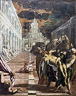 Tintoretto Telo sv. Marka prinesejo v Benetke, 421 × 306 cm.